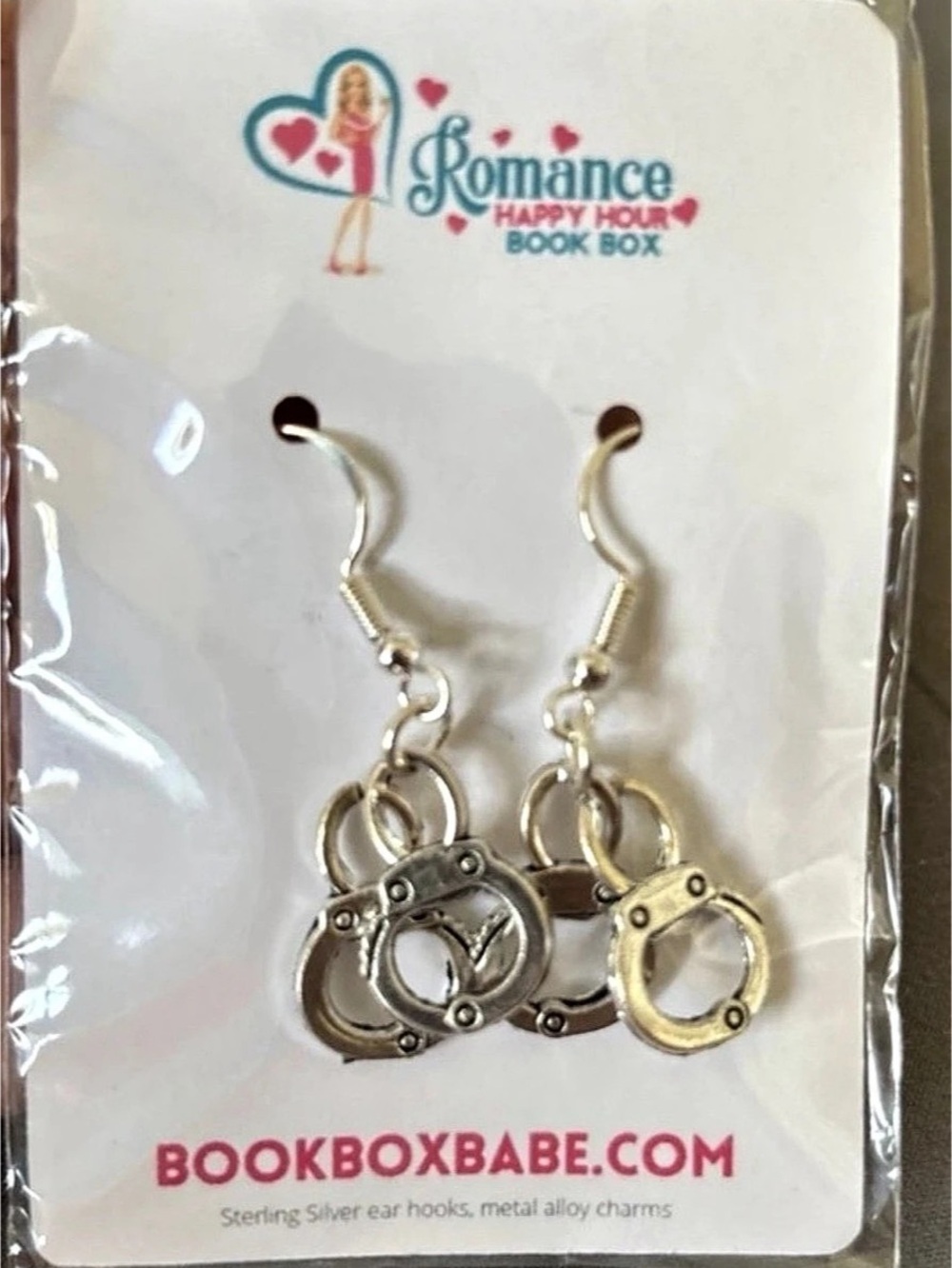 Book Box Babe Handcuff Charm Earrings Silver NWT
